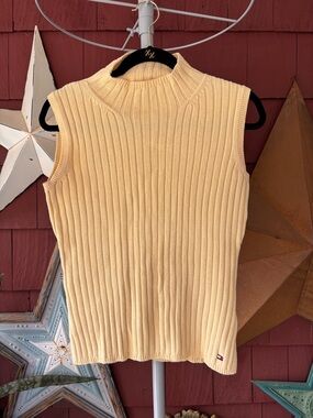 Vtg Tommy Hilfiger Sweater Vest  Yellow Cotton V Neck Cable Knit Women’s Size S